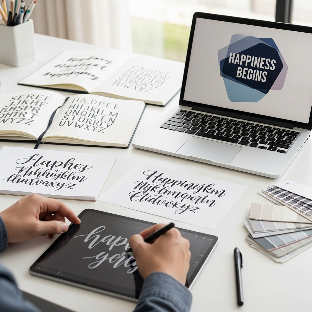 Generate an eye-catching, high-quality featured image for a blog post about: Happiness Begins Font: