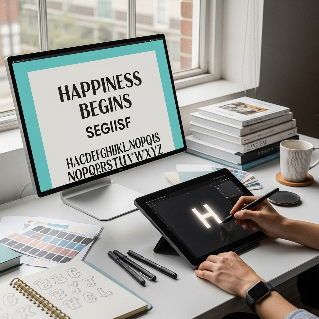 Generate an eye-catching, high-quality featured image for a blog post about: Happiness Begins Font: