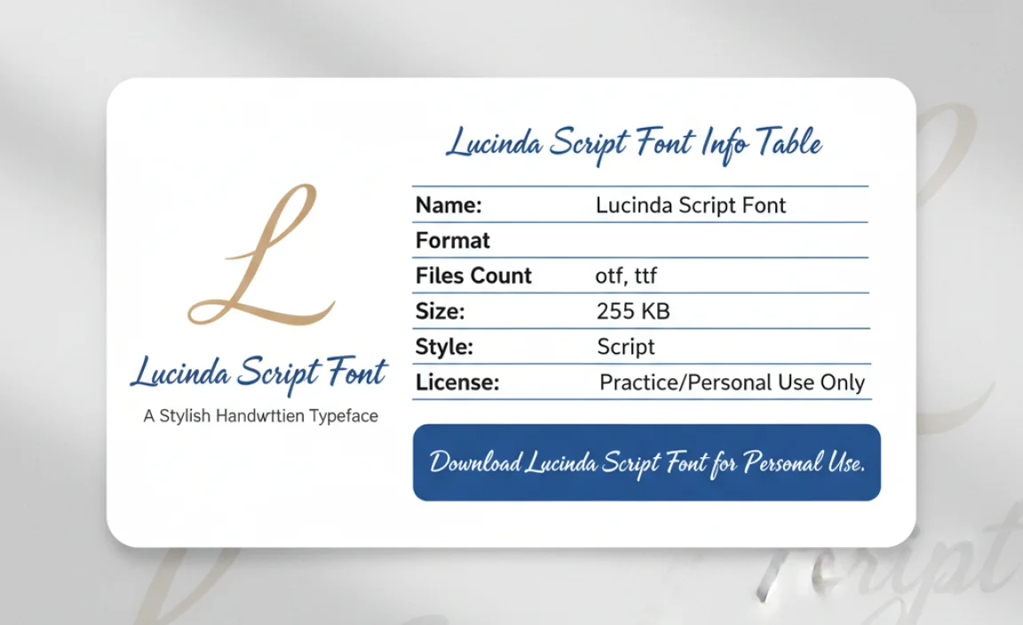 Lucinda Script Font Info Table: Name: Lucinda Script Font Format: otf, ttf Files Count: 2 Size: 255 KB Style: Script License: Practice/Personal Use Only Download Lucinda Script Font for Personal Use.